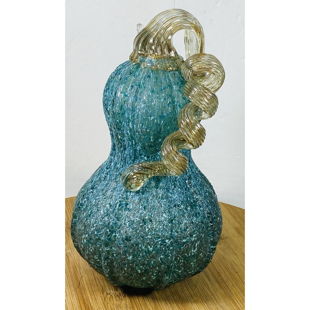 Blown Blue Glass Pumpkin Gourd LED Lighted Curly Stem Thanksgiving Decor 9"